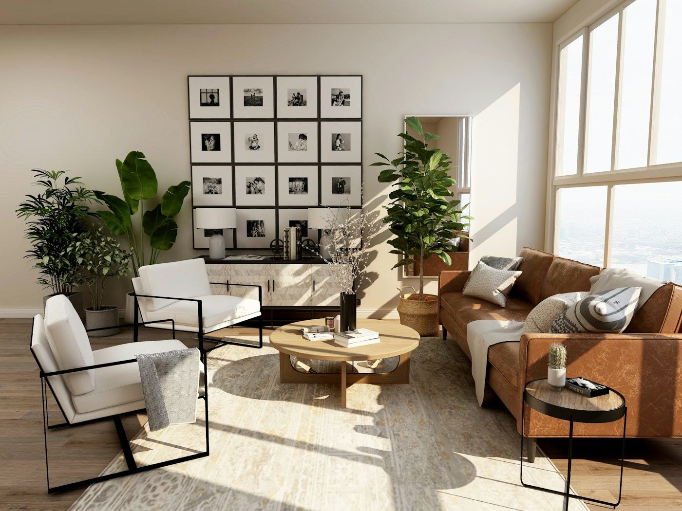 Light-filled living room with natural textures
